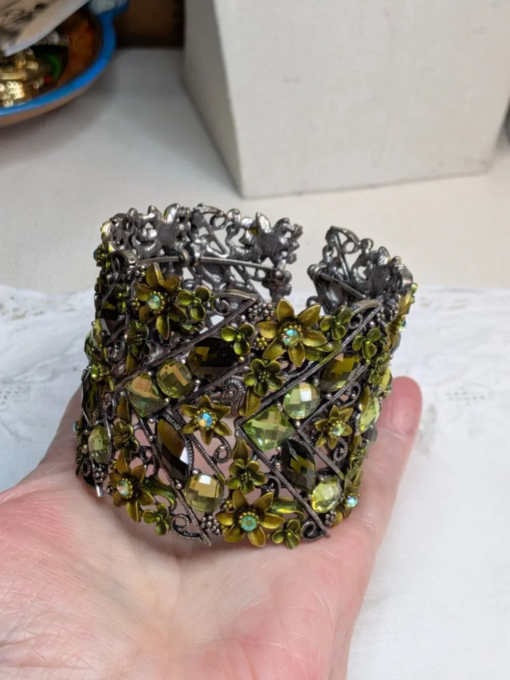 Vintage Enameled Green Rhinestone Floral Cuff Bracelet